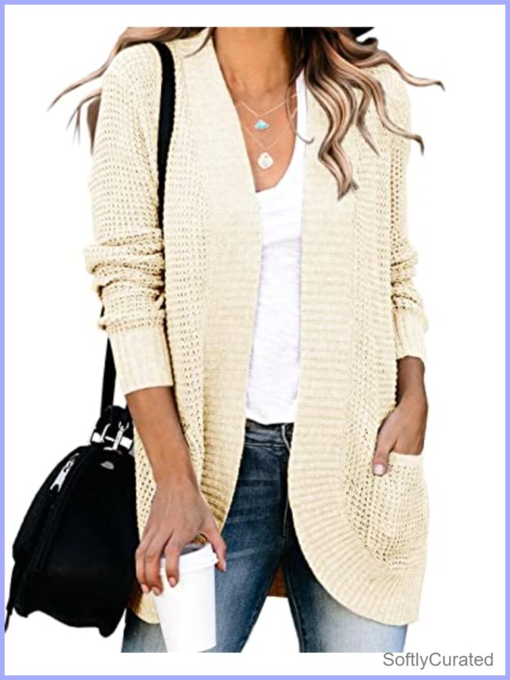 Open Front Knit Cardigan Long Sleeve Loose Fit Sweater with Pockets